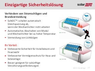 Einzigartige Sicherheitslösung
Verhindern von Stromschlägen und
Brandvermeidung
SafeDC™: schaltet automatisch
Gleichspannung ab,
wenn der Wechselrichter nicht arbeitet
Automatisches Abschalten von Modul
und Wechselrichter bei zu hoher Temperatur
Vermeidung von Lichtbögen

Ihr Vorteil:
Verbesserte Sicherheit für Installateure und
Feuerwehr
Verbesserter Vermögensschutz für Haus und
Solaranlage
Besser geeignet für zukünftige
Versicherungsanforderungen

©2013 SolarEdge

| 47

 