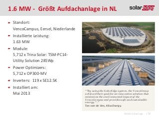 1.6 MW - Größt Aufdachanlage in NL
Standort:
VencoCampus, Eersel, Niederlande
Installierte Leistung:
1.63 MW
Module:
5,712 x Trina Solar: TSM-PC14Utility Solution 285Wp
Power Optimizers:
5,712 x OP300-MV
Inverters: 119 x SE12.5K
Installiert am:
Mai 2013

“"By using the SolarEdge system, the VencoGroup
achieved their goal for an innovative solution that
minimizes the environmental impact of the
VencoCampus and provides safe and sustainable
energy." .”

Ton van de Ven, AliusEnergy.
©2013 SolarEdge

| 76

 