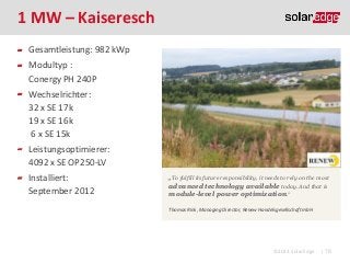 1 MW – Kaiseresch
Gesamtleistung: 982 kWp

Modultyp :
Conergy PH 240P
Wechselrichter:
32 x SE 17k
19 x SE 16k
6 x SE 15k
Leistungsoptimierer:
4092 x SE OP250-LV
Installiert:
September 2012

„To fulfill its future responsibility, it needs to rely on the most
advanced technology available today. And that is
module-level power optimization.“
Thomas Rink, Managing Director, Renew Handelsgesellschaft mbH

©2013 SolarEdge

| 78

 