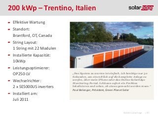 200 kWp – Trentino, Italien
Effektive Wartung

Standort:
Brantford, OT, Canada
String Layout:
1 String mit 22 Modulen
Installierte Kapazität:
10kWp
Leistungsoptimierer:
OP250-LV
Wechselrichter:
2 x SE5000US inverters

Installiert am:
Juli 2011

„Das System zu warten ist einfach, ich benötige nur 30
Sekunden, um einen Blick auf die komplette Anlage zu
werfen, über mein iPhone oder das Online SolarEdge
Monitoring Portal. Ich kann sofort ein Problem
lokalisieren und sehen, ob etwas gemacht werden muss.“

Paul Belanger, Präsident, Green Planet Solar

©2013 SolarEdge

| 81

 