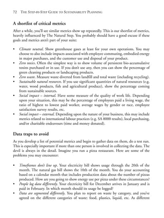 Chapter05.qxd   10/1/2008    4:55 PM    Page 72




       72   THE STEP-BY-STEP GUIDE TO SUSTAINABILITY PLANNING


       A shortlist of critical metrics
       After a while, you’ll see similar metrics show up repeatedly. This is our shortlist of metrics,
       heavily influenced by The Natural Step. You probably should have a good excuse if these
       goals and metrics aren’t part of your suite:

       •    Climate neutral. Show greenhouse gases at least for your own operations. You may
            choose to also include impacts associated with employee commuting, embodied energy
            in major purchases, and the customer use and disposal of your product.
       •    Zero toxics. Often the simplest way is to show volume of persistent bio-accumulative
            toxins purchased or in use. If you don’t use any, then you can show the percentage of
            green cleaning products or landscaping products.
       •    Zero waste. Measure waste diverted from landfill and total waste (including recycling).
       •    Sustainable natural resources. If you use significant quantities of natural resources (e.g.
            water, wood products, fish and agricultural produce), show the percentage coming
            from sustainable sources.
       •    Social impact – internal. Have some measure of the quality of work life. Depending
            upon your situation, this may be the percentage of employees paid a living wage, the
            ratio of highest to lowest paid worker, average wages by gender or race, employee
            satisfaction survey results, etc.
       •    Social impact – external. Depending upon the nature of your business, this may include
            metrics related to international labour practices (e.g. SA 8000 results), local purchasing,
            and/or charitable endeavours (time and money donated).

       Data traps to avoid
       As you develop a list of potential metrics and begin to gather data on them, do a test run.
       This is especially important if more than one person is involved in collecting the data. The
       devil is always in the detail. Imagine you run a pizza restaurant. Here are some of the
       problems you may encounter:

       •    Timeframes don’t line up. Your electricity bill shows usage through the 20th of the
            month. The natural gas bill shows the 10th of the month. You do your accounting
            based on a calendar month that includes production data about the number of pizzas
            produced. How are you going to show energy use per pizza under these circumstances?
       •    People log data differently. Your electricity bill for December arrives in January and is
            paid in February. In which month should its usage be logged?
       •    Data are segmented differently. You plan to report on waste by category, and you’ve
            agreed on the different categories of waste: food, plastics, liquid, etc. As different
 