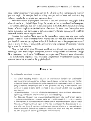Chapter05.qxd   10/1/2008      4:55 PM     Page 75




                                                     DEVELOPING SUSTAINABILITY METRICS AND REPORTS                     75

            scale on the vertical axis by using one scale on the left and another on the right. In this way,
            you can depict, for example, both recycling rates per unit of sales and total recycling
            volume. Usually the horizontal axis represents time.
                 Make the direction of your graphs consistent. If you post a bunch of line graphs or bar
            charts, it can be very helpful if you design the metrics so that up (or down) is always good.
            This will mean that you may have to measure quality instead of defects, materials efficiency
            instead of waste, employee retention instead of turnover. In some cases, this requires some
            verbal gymnastics (e.g. percentage to carbon neutrality). But at a glance, you’ll be able to
            see which metrics have a negative trend.
                 Annotate interventions. Write notes on the charts about changes that you made to the
            process so that it’s easier to see the impact your actions have had. For example, show when
            you installed a new motor, replaced a chemical, instituted a recycling programme, started
            sales of a new product, or conducted a green marketing campaign. Don’t make everyone
            figure it out for themselves.
                 Have the title tell the story. Consider modifying the titles of your graphs so that the
            meaning is clear. Instead of just ‘energy use’, why not change the title each month? ‘Energy:
            New motors cut electricity by 500 kilowatt hours per month’ is much more informative.
            This is particularly important to do when you use graphs in presentations because people
            may not have time to examine the graph in detail.



                                                         RESOURCES
                General tools for reporting and metrics:

                •   The Global Reporting Initiative provides an international standard for sustainability
                    reporting and is most appropriate for large publicly traded companies. However, their list
                    of core indicators is a useful touchstone for choosing any organization’s metrics. If you are
                    going to measure something covered in their guidelines, you may as well measure it the
                    same way in case, at some point, you need to be compliant with GRI (see www.global
                    reporting.org).
                •   The World Business Council on Sustainable Development has sustainable development
                    reporting guidelines and other resources (see www.wbcsd.org).
                •   The Corporate Register (see www.corporateregister.com) lists non-financial reports,
                    including sustainability and corporate social responsibility reports from public companies
                    all over the world. It also has awards for the best ones in different categories. See its Global
                    Winners and Reporting Trends report for the most recent year. Use this resource to see
                    what others are doing. It can be a good warm-up exercise to have all of your participants
                    review at least one sustainability report and bring notes about what they liked and didn’t
                    like. This analysis can provide guidelines for your own report.
 