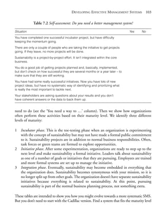 Chapter07.qxd   9/17/2008      6:39 PM     Page 103




                                                         DEVELOPING EFFECTIVE MANAGEMENT SYSTEMS 103

                          Table 7.2 Self-assessment: Do you need a better management system?

            Situation                                                                            Yes   No
            You have completed one successful incubator project, but have difficulty
            keeping the momentum going.

            There are only a couple of people who are taking the initiative to get projects
            going. If they leave, no more projects will be done.

            Sustainability is a project-by-project effort. It isn’t integrated within the core
            business.

            You do a good job of getting projects planned and, basically, implemented,
            but don’t check on how successful they are several months or a year later – to
            make sure that they are still working.

            You have had some really successful initiatives. Now you have lots of new
            project ideas, but have no systematic way of identifying and prioritizing what
            is really the most important to tackle next.

            Your stakeholders are asking questions about your results and you don’t
            have coherent answers or the data to back them up.


            need to do (see the ‘You need a way to …’ column). Then we show how organizations
            often perform these activities based on their maturity level. We identify three different
            levels of maturity:

            1   Incubator phase. This is the toe-testing phase when an organization is experimenting
                with the concept of sustainability but may not have made a formal public commitment
                to it. Sustainability projects are in addition to normal business responsibilities. Often,
                task forces or green teams are formed to explore opportunities.
            2   Initiative phase. After some experimentation, organizations are ready to step up to the
                next level and make sustainability a formal initiative. Leaders talk about sustainability
                as one of a number of goals or initiatives that they are pursuing. Employees are trained
                and more formal systems are set up to manage the initiative.
            3   Integration phase. Eventually, sustainability may become embedded in everything that
                the organization does. Sustainability becomes synonymous with your mission, so it is
                no longer split up from other goals. The organization doesn’t have separate sustainability
                initiatives because everything is related to sustainability. At this point, pursuing
                sustainability is part of the normal business planning process, not something extra.

            These tables are intended to show you how you might evolve towards a more systematic SMS.
            But you don’t need to start with the Cadillac version. Find a system that fits the maturity level
 