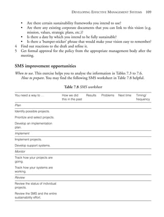 Chapter07.qxd   9/17/2008     6:39 PM     Page 109




                                                     DEVELOPING EFFECTIVE MANAGEMENT SYSTEMS 109

                   •   Are there certain sustainability frameworks you intend to use?
                   •   Are there any existing corporate documents that you can link to this vision (e.g.
                       mission, values, strategic plans, etc.)?
                   • Is there a date by which you intend to be fully sustainable?
                   • Is there a ‘bumper-sticker’ phrase that would make your vision easy to remember?
            4      Find out reactions to the draft and refine it.
            5      Get formal approval for the policy from the appropriate management body after the
                   meeting.

            SMS improvement opportunities
            When to use. This exercise helps you to analyse the information in Tables 7.3 to 7.6.
               How to prepare. You may find the following SMS worksheet in Table 7.8 helpful.

                                               Table 7.8 SMS worksheet

            You need a way to …               How we did         Results   Problems   Next time   Timing/
                                              this in the past                                    frequency

            Plan
            Identify possible projects.

            Prioritize and select projects.

            Develop an implementation
            plan.

            Implement
            Implement projects.

            Develop support systems.

            Monitor
            Track how your projects are
            going.

            Track how your systems are
            working.
            Review
            Review the status of individual
            projects.

            Review the SMS and the entire
            sustainability effort.
 
