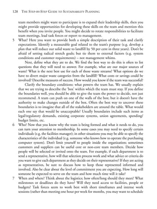 Chapter08.qxd    10/1/2008     5:18 PM    Page 128




       128     THE STEP-BY-STEP GUIDE TO SUSTAINABILITY PLANNING

             team members might want to participate is to expand their leadership skills, then you
             might provide opportunities for developing these skills on the team and mention this
             benefit when you invite people. You might decide to rotate responsibilities to facilitate
             team meetings, lead task forces or report to management.
       5     What? Here you want to provide both a simple description of their task and clarify
             expectations. Identify a measurable goal related to the team’s purpose (e.g. develop a
             plan that will reduce our solid waste to landfill by 50 per cent in three years). Don’t be
             afraid of setting radical stretch goals; but tie them to external factors (e.g. system
             conditions and customer requirements) – not management whims.
                  Next, define what they are to do. We find the best way to do this is often to list
             questions that they will need to answer. For example, what are our major sources of
             waste? What is the next best use for each of those waste streams? What options do we
             have to divert major waste categories from the landfill? What costs or savings could be
             involved? Describe measures of success. How would you know if the team was successful?
                  Clarify the boundary conditions: what powers the team has. We usually explain
             that we are trying to describe the ‘box’ within which the team must stay. If you define
             the boundaries well, you should be able to give the team the power to decide, not just
             recommend. A team can push on one of the walls of the box; but it doesn’t have the
             authority to make changes outside of the box. Often the best way to uncover these
             boundaries is to imagine that all of the stakeholders are around the table. What would
             each one say that would be unacceptable? Usually boundaries include such items as
             legal/regulatory demands, existing corporate systems, union agreements, spending/
             budget limits, etc.
       6     Who? Now that you know why the team is being formed and what it needs to do, you
             can turn your attention to membership. In some cases you may need to specify certain
             individuals (e.g. the facilities manager); in other situations you may be able to specify the
             characteristics of the individual (e.g. someone who knows how to operate the purchasing
             computer system). Don’t limit yourself to people inside the organization; sometimes
             customers and suppliers can be useful core or non-core team members. Decide how
             people will be selected or invited onto the team. For example, if each department is to
             send a representative, how will that selection process work and what advice or criteria do
             you want to give each department as they decide on their representative? If they are acting
             as representatives, be sure to discuss how to keep those represented informed and
             involved. Also be clear about the level of commitment you are expecting. How long will
             someone be expected to serve on the team and how much time will it take?
       7     When and where? Think about the logistics; how often/long should they meet? What
             milestones or deadlines do they have? Will they need access to facilities, people or
             budgets? Task forces seem to work best with short timeframes and intense work
             sessions (rather than meeting one hour per week for months, you may want to schedule
 