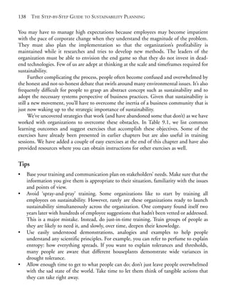 Chapter09.qxd    9/17/2008    6:39 PM   Page 138




       138     THE STEP-BY-STEP GUIDE TO SUSTAINABILITY PLANNING

       You may have to manage high expectations because employees may become impatient
       with the pace of corporate change when they understand the magnitude of the problem.
       They must also plan the implementation so that the organization’s profitability is
       maintained while it researches and tries to develop new methods. The leaders of the
       organization must be able to envision the end game so that they do not invest in dead-
       end technologies. Few of us are adept at thinking at the scale and timeframes required for
       sustainability.
             Further complicating the process, people often become confused and overwhelmed by
       the honest and not-so-honest debate that swirls around many environmental issues. It’s also
       frequently difficult for people to grasp an abstract concept such as sustainability and to
       adopt the necessary systems perspective of business practices. Given that sustainability is
       still a new movement, you’ll have to overcome the inertia of a business community that is
       just now waking up to the strategic importance of sustainability.
             We’ve uncovered strategies that work (and have abandoned some that don’t) as we have
       worked with organizations to overcome these obstacles. In Table 9.1, we list common
       learning outcomes and suggest exercises that accomplish these objectives. Some of the
       exercises have already been presented in earlier chapters but are also useful in training
       sessions. We have added a couple of easy exercises at the end of this chapter and have also
       provided resources where you can obtain instructions for other exercises as well.

       Tips
       •     Base your training and communication plan on stakeholders’ needs. Make sure that the
             information you give them is appropriate to their situation, familiarity with the issues
             and points of view.
       •     Avoid ‘spray-and-pray’ training. Some organizations like to start by training all
             employees on sustainability. However, rarely are these organizations ready to launch
             sustainability simultaneously across the organization. One company found itself two
             years later with hundreds of employee suggestions that hadn’t been vetted or addressed.
             This is a major mistake. Instead, do just-in-time training. Train groups of people as
             they are likely to need it, and slowly, over time, deepen their knowledge.
       •     Use easily understood demonstrations, analogies and examples to help people
             understand any scientific principles. For example, you can refer to perfume to explain
             entropy: how everything spreads. If you want to explain tolerances and thresholds,
             many people are aware that different houseplants demonstrate wide variances in
             drought tolerance.
       •     Allow enough time to get to what people can do; don’t just leave people overwhelmed
             with the sad state of the world. Take time to let them think of tangible actions that
             they can take right away.
 