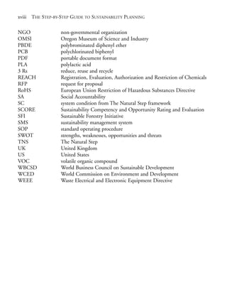 Prelims.qxd   10/1/2008   7:33 PM   Page xviii




       xviii THE STEP-BY-STEP GUIDE TO SUSTAINABILITY PLANNING

       NGO                 non-governmental organization
       OMSI                Oregon Museum of Science and Industry
       PBDE                polybrominated diphenyl ether
       PCB                 polychlorinated biphenyl
       PDF                 portable document format
       PLA                 polylactic acid
       3 Rs                reduce, reuse and recycle
       REACH               Registration, Evaluation, Authorization and Restriction of Chemicals
       RFP                 request for proposal
       RoHS                European Union Restriction of Hazardous Substances Directive
       SA                  Social Accountability
       SC                  system condition from The Natural Step framework
       SCORE               Sustainability Competency and Opportunity Rating and Evaluation
       SFI                 Sustainable Forestry Initiative
       SMS                 sustainability management system
       SOP                 standard operating procedure
       SWOT                strengths, weaknesses, opportunities and threats
       TNS                 The Natural Step
       UK                  United Kingdom
       US                  United States
       VOC                 volatile organic compound
       WBCSD               World Business Council on Sustainable Development
       WCED                World Commission on Environment and Development
       WEEE                Waste Electrical and Electronic Equipment Directive
 