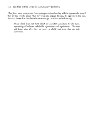 Appendix 2.qxd   10/1/2008   5:23 PM   Page 164




       164   THE STEP-BY-STEP GUIDE TO SUSTAINABILITY PLANNING

       Clear fences make strong teams. Some managers think that they will disempower the team if
       they are too specific about what they want and expect. Instead, the opposite is the case.
       Research shows that clear boundaries encourage creativity and risk-taking.

             Moral: think long and hard about the boundary conditions for the team,
             representing all relevant stakeholder expectations and requirements. The team
             will know what they have the power to decide and what they can only
             recommend.
 