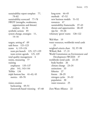 Index.qxd   10/1/2008   7:29 PM   Page 173




                                                                            INDEX 173

            sustainability report template 77,     long-term 44–45
                 79–82                             methods 47–52
            sustainability scorecard 77–78         new business models 51–52
            SWOT (strengths, weaknesses,           resources 47
                 opportunities and threats)        sustainability frameworks 37–43
                 analysis 22, 34                   threats and opportunities 48–49
            symbolic actions 85                    tips for 45–46
            system change, strategies 11,        voluntary ‘green’ teams 120–122
                 14–16
                                                 Wal-Mart 19
            targets, setting of 69               water resources, worldwide trend cards
            task forces 121–123                       25
            teams 4, 119–124                     weighted criteria chart 92, 97–98
               team pre-launch 125, 127–129      Willard, Bob 17, 21
               team review agenda 125, 129       World Commission on Environment and
            total quality management 4                Development (WCED) 37
            toxins, measuring 77                 worldwide trend cards 22–33
            training                               body burden 26
               employees 135–137                   climate change 23–24
               plan 141, 143–144                   extinctions 33
            TriMet 134                             fisheries 27
            triple bottom line 41–43, 45           forests 28–29
               metrics 69–70                       nitrogen cycles 31–32
                                                   population 30
            vision creation                        water resources 25
               backcasting 49–51
               framework-based visioning 47–48   Zero Waste Alliance 22
 