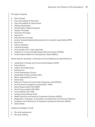 Chapter03.qxd   9/17/2008     6:38 PM     Page 39




                                                               CREATING THE VISION OF SUSTAINABILITY 39


                Principles comprise:

                •   Earth Charter;
                •   Caux Roundtable for Business;
                •   Caux Roundtable for Government;
                •   Talloires Declaration;
                •   United Nations Global Compact;
                •   Equator Principles;
                •   Hannover Principles;
                •   Agenda 21;
                •   precautionary principle;
                •   product stewardship/extended producer (or product) responsibility (EPR)
                •   biomimicry;
                •   natural capitalism;
                •   industrial ecology;
                •   smart growth (as in urban planning);
                •   Coalition for Environmentally Responsible Economies (CERES)
                •   United Nations Millennium Development Goals (MDGs).

                Sector-specific standards, certification and eco-labelling are represented by:

                •   Leadership in Energy and Environmental Design (LEED);
                •   Food Alliance;
                •   organic farming/produce;
                •   biodynamics;
                •   Forest Stewardship Council;
                •   Sustainable Forestry Initiative (SFI);
                •   Marine Stewardship Council;
                •   Green Seal;
                •   Electronic Product Environmental Assessment Tool (EPEAT);
                •   environmental management systems/ISO 14000;
                •   Social Responsibility ISO 26000;
                •   Social Accountability (SA) 8000
                •   AccountAbility (AA) 1000
                •   energy-using products (EuP);
                •   Waste Electrical and Electronic Equipment Directive (WEEE);
                •   Registration, Evaluation, Authorization and Restriction of Chemicals (REACH);
                •   European Union Restriction of Hazardous Substances Directive (RoHS);
                •   Green Globe.

                Analytical strategies include:

                •   life-cycle assessment;
                •   life-cycle costing;
 