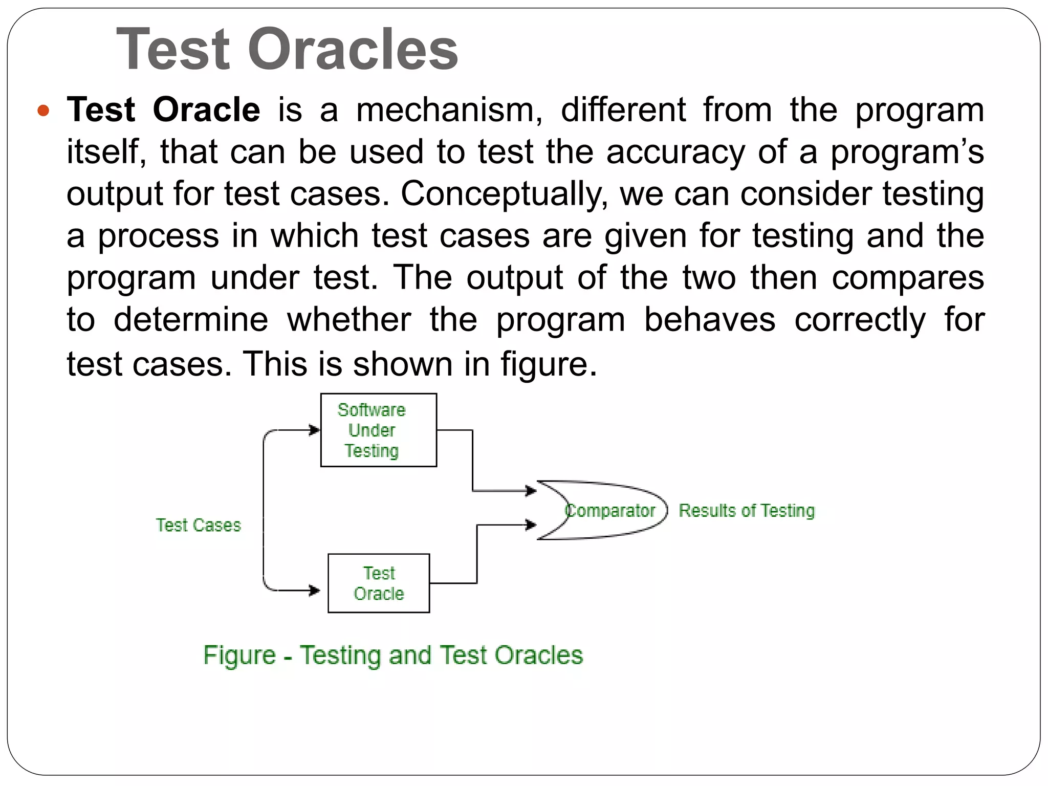 Test Oracles
 Test Oracle is a mechanism, different from the program
itself, that can be used to test the accuracy of a program’s
output for test cases. Conceptually, we can consider testing
a process in which test cases are given for testing and the
program under test. The output of the two then compares
to determine whether the program behaves correctly for
test cases. This is shown in figure.
 