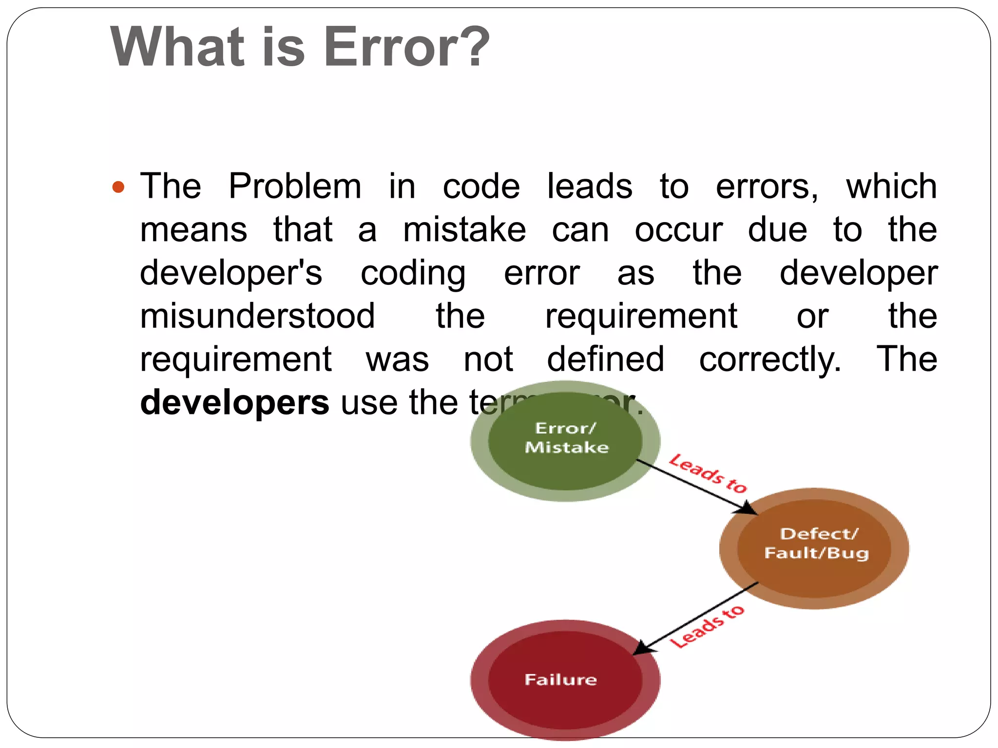 What is Error?
 The Problem in code leads to errors, which
means that a mistake can occur due to the
developer's coding error as the developer
misunderstood the requirement or the
requirement was not defined correctly. The
developers use the term error.
 