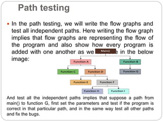 Path testing
 In the path testing, we will write the flow graphs and
test all independent paths. Here writing the flow graph
implies that flow graphs are representing the flow of
the program and also show how every program is
added with one another as we can see in the below
image:
And test all the independent paths implies that suppose a path from
main() to function G, first set the parameters and test if the program is
correct in that particular path, and in the same way test all other paths
and fix the bugs.
 