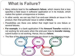 What is Failure?
 Many defects lead to the software's failure, which means that a loss
specifies a fatal issue in software/ application or in its module, which
makes the system unresponsive or broken.
 In other words, we can say that if an end-user detects an issue in the
product, then that particular issue is called a failure.
 Possibilities are there one defect that might lead to one failure or
several failures.
 For example, in a bank application if the Amount Transfer module is
not working for end-users when the end-user tries to transfer money,
submit button is not working. Hence, this is a failure.
 The flow of the above terminologies are shown in the following image:
 