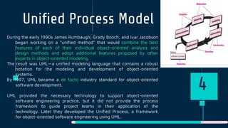 Unified Process Model
During the early 1990s James Rumbaugh, Grady Booch, and Ivar Jacobson
began working on a “unified method” that would combine the best
features of each of their individual object-oriented analysis and
design methods and adopt additional features proposed by other
experts in object-oriented modeling.
The result was UML—a unified modeling language that contains a robust
notation for the modeling and development of object-oriented
systems.
By 1997, UML became a de facto industry standard for object-oriented
software development.
UML provided the necessary technology to support object-oriented
software engineering practice, but it did not provide the process
framework to guide project teams in their application of the
technology. Later they developed the Unified Process, a framework
for object-oriented software engineering using UML.
4
 