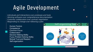 Agile Development
Individuals and interactions over processes and tools
Working software over comprehensive documentation
Customer collaboration over contract negotiation
Responding to change over following a plan
4
Human Factors
Competence
Common Focus
Collaboration
Decision Making Ability
Fuzzy Problem Solving Ability
Mutual Trust and Respect
Self organization
 