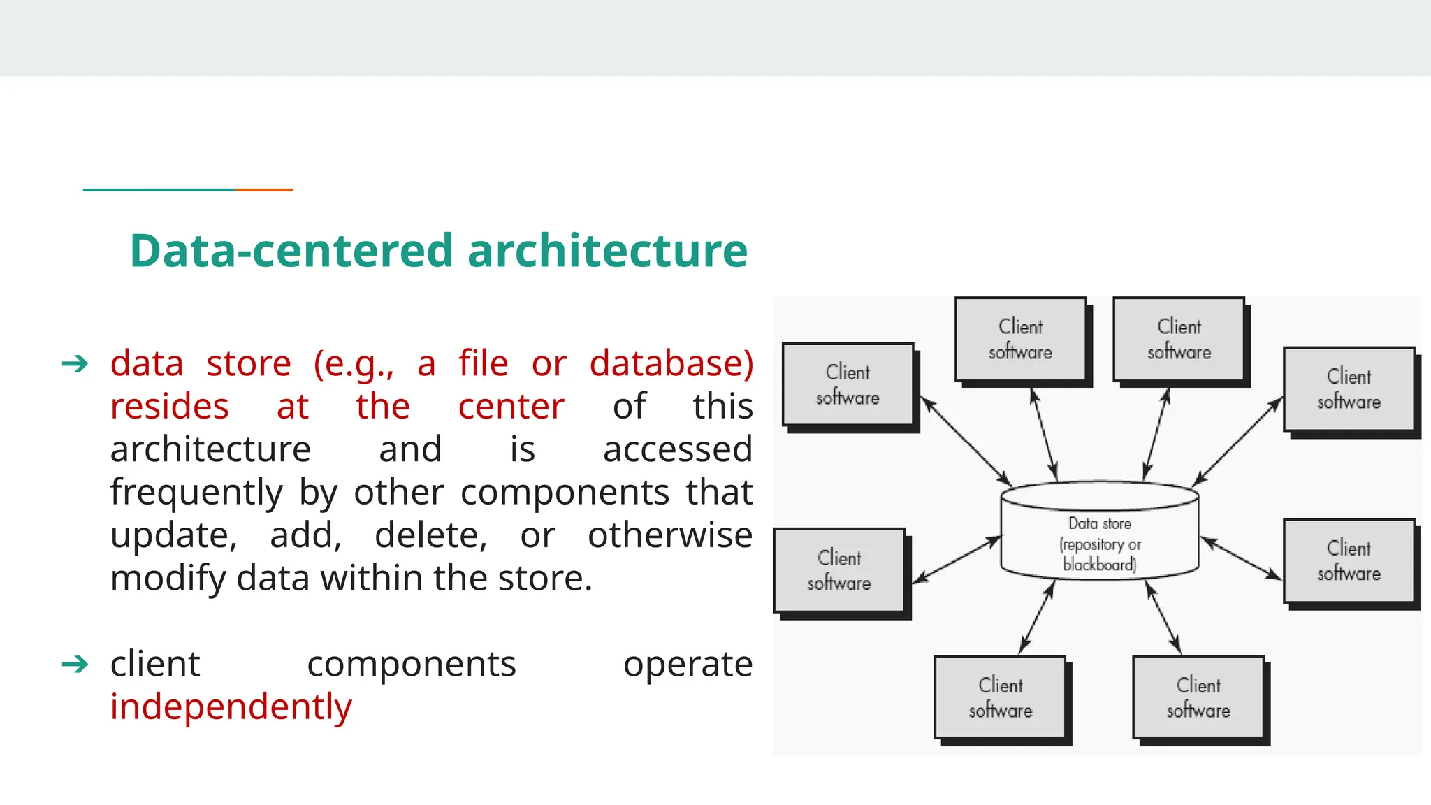 Data-centered architecture
➔ data store (e.g., a file or database)
resides at the center of this
architecture and is accessed
frequently by other components that
update, add, delete, or otherwise
modify data within the store.
➔ client components operate
independently
 