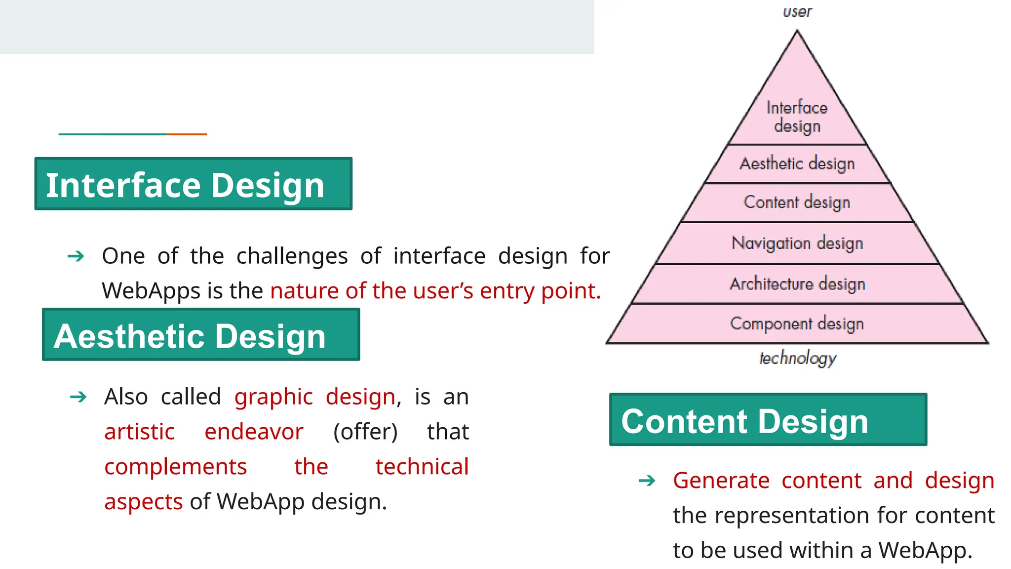 ➔ One of the challenges of interface design for
WebApps is the nature of the user’s entry point.
Interface Design
➔ Also called graphic design, is an
artistic endeavor (offer) that
complements the technical
aspects of WebApp design.
Aesthetic Design
➔ Generate content and design
the representation for content
to be used within a WebApp.
Content Design
 
