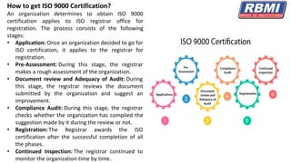 How to get ISO 9000 Certification?
An organization determines to obtain ISO 9000
certification applies to ISO registrar office for
registration. The process consists of the following
stages:
• Application: Once an organization decided to go for
ISO certification, it applies to the registrar for
registration.
• Pre-Assessment: During this stage, the registrar
makes a rough assessment of the organization.
• Document review and Adequacy of Audit: During
this stage, the registrar reviews the document
submitted by the organization and suggest an
improvement.
• Compliance Audit: During this stage, the registrar
checks whether the organization has compiled the
suggestion made by it during the review or not.
• Registration: The Registrar awards the ISO
certification after the successful completion of all
the phases.
• Continued Inspection: The registrar continued to
monitor the organization time by time.
 