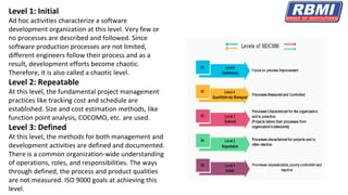 Level 1: Initial
Ad hoc activities characterize a software
development organization at this level. Very few or
no processes are described and followed. Since
software production processes are not limited,
different engineers follow their process and as a
result, development efforts become chaotic.
Therefore, it is also called a chaotic level.
Level 2: Repeatable
At this level, the fundamental project management
practices like tracking cost and schedule are
established. Size and cost estimation methods, like
function point analysis, COCOMO, etc. are used.
Level 3: Defined
At this level, the methods for both management and
development activities are defined and documented.
There is a common organization-wide understanding
of operations, roles, and responsibilities. The ways
through defined, the process and product qualities
are not measured. ISO 9000 goals at achieving this
level.
 