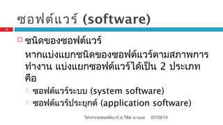 ซอฟต์แวร์ (software)
 ชนิดของซอฟต์แวร์
หากแบ่งแยกชนิดของซอฟต์แวร์ตามสภาพการ
ทำางาน แบ่งแยกซอฟต์แวร์ได้เป็น 2 ประเภท
คือ
 ซอฟต์แวร์ระบบ (system software)
 ซอฟต์แวร์ประยุกต์ (application software)
07/09/14
25
วิศวกรรมซอฟต์แวร์ อ.วิชิต นางแล
 