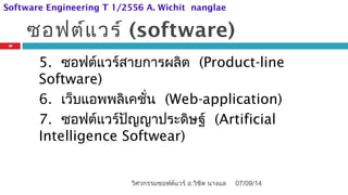 ซอฟต์แวร์ (software)
5. ซอฟต์แวร์สายการผลิต (Product-line
Software)
6. เว็บแอพพลิเคชั่น (Web-application)
7. ซอฟต์แวร์ปัญญาประดิษฐ์ (Artificial
Intelligence Softwear)
07/09/14
30
วิศวกรรมซอฟต์แวร์ อ.วิชิต นางแล
Software Engineering T 1/2556 A. Wichit nanglae
 