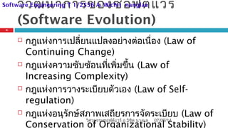 วิวัฒนาการของซอฟต์แวร์
(Software Evolution)
 กฎแห่งการเปลี่ยนแปลงอย่างต่อเนื่อง (Law of
Continuing Change)
 กฎแห่งความซับซ้อนที่เพิ่มขึ้น (Law of
Increasing Complexity)
 กฎแห่งการวางระเบียบตัวเอง (Law of Self-
regulation)
 กฎแห่งอนุรักษ์สภาพเสถียรการจัดระเบียบ (Law of
Conservation of Organizational Stability)
07/09/14
31
วิศวกรรมซอฟต์แวร์ อ.วิชิต นางแล
Software Engineering T 1/2556 A. Wichit nanglae
 