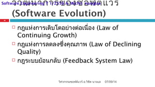 วิวัฒนาการของซอฟต์แวร์
(Software Evolution)
 กฎแห่งการเติบโตอย่างต่อเนื่อง (Law of
Continuing Growth)
 กฎแห่งการลดลงซึ่งคุณภาพ (Law of Declining
Quality)
 กฎระบบย้อนกลับ (Feedback System Law)
07/09/14
32
วิศวกรรมซอฟต์แวร์ อ.วิชิต นางแล
Software Engineering T 1/2556 A. Wichit nanglae
 