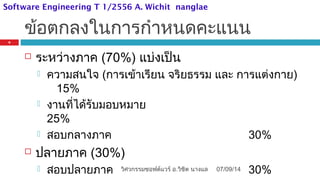 ข้อตกลงในการกำาหนดคะแนน
 ระหว่างภาค (70%) แบ่งเป็น
 ความสนใจ (การเข้าเรียน จริยธรรม และ การแต่งกาย)
15%
 งานที่ได้รับมอบหมาย
25%
 สอบกลางภาค 30%
 ปลายภาค (30%)
 สอบปลายภาค 30%07/09/14
6
วิศวกรรมซอฟต์แวร์ อ.วิชิต นางแล
Software Engineering T 1/2556 A. Wichit nanglae
 