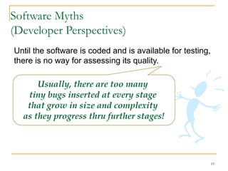 15
Until the software is coded and is available for testing,
there is no way for assessing its quality.
Usually, there are too many
tiny bugs inserted at every stage
that grow in size and complexity
as they progress thru further stages!
Software Myths
(Developer Perspectives)
 