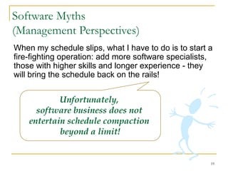 19
Software Myths
(Management Perspectives)
When my schedule slips, what I have to do is to start a
fire-fighting operation: add more software specialists,
those with higher skills and longer experience - they
will bring the schedule back on the rails!
Unfortunately,
software business does not
entertain schedule compaction
beyond a limit!
 