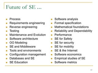 63
Future of SE …
 Process
 Requirements engineering
 Reverse engineering
 Testing
 Maintenance and Evolution
 Software architecture
 OO Modeling
 SE and Middleware
 Tools and environments
 Configuration management
 Databases and SE
 SE Education
 Software analysis
 Formal specification
 Mathematical foundations
 Reliability and Dependability
 Performance
 SE for Safety
 SE for security
 SE for mobility
 SE & the Internet
 Software economics
 Empirical studies of SE
 Software metrics
 