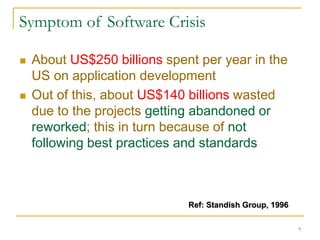 7
Symptom of Software Crisis
 About US$250 billions spent per year in the
US on application development
 Out of this, about US$140 billions wasted
due to the projects getting abandoned or
reworked; this in turn because of not
following best practices and standards
Ref: Standish Group, 1996
 