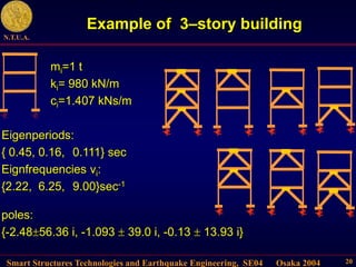 Smart Structures Technologies and Earthquake Engineering, SE04 Osaka 2004
N.T.U.A.
20
Example of 3–story building
mi=1 t
ki= 980 kN/m
ci=1.407 kNs/m
Eigenperiods:
{ 0.45, 0.16, 0.111} sec
Eignfrequencies νi:
{2.22, 6.25, 9.00}sec-1
poles:
{-2.4856.36 i, -1.093  39.0 i, -0.13  13.93 i}
 