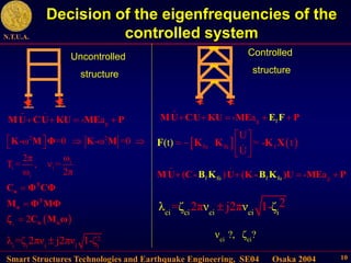 Smart Structures Technologies and Earthquake Engineering, SE04 Osaka 2004
N.T.U.A.
10
Decision of the eigenfrequencies of the
controlled system
ci ci ci ci i
2
= 2π j2π
λ ζ ν 1-
ν ζ

2
i i i i i
λ =ζ 2πν j2πν 1-ζ
 ci ci
?, ?
ν ζ
 
i
2 2
i
i i
i
-ω =0 -ω =0
ω
2π
T = , ν =
ω 2π
2
   
 



T
n
T
n
n n
K M Φ K M
C Φ CΦ
M Φ MΦ
C M ω

g
- a
   
.. .
MU CU KU MΕ P
Uncontrolled
structure
   
fu fu f
U
= -
U
(t) t
 
   
 
F K K K X
f fu f fu g
( ) ( - a
   
.. .
B K B K
MU C- U K - )U MΕ P
g f
- a
    
.. .
MU CU KU Ε
Ε F
M P
Controlled
structure
 