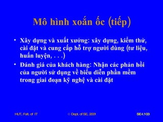 Mô   hình   xoắn   ốc  ( tiếp ) Xây   dựng   và   xuất   xưởng :  xây   dựng ,  kiểm   thử ,  cài   đặt   và   cung   cấp   hỗ   trợ   người   dùng  ( tư   liệu ,  huấn   luyện , . . .) Đánh   giá   của   khách   hàng :  Nhận   các   phản   hồi   của   người   sử   dụng   về   biểu   diễn   phần   mềm   trong   giai   đoạn   kỹ   nghệ   và   cài   đặt   