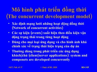 Mô   hình   phát   triển   đồng   thời ( The   concurrent   development   model ) Xác   định   mạng   lưới   những   hoạt   động   đồng   thời  ( Network   of   concurrent   activities ) Các   sự   kiện  ( events )  xuất   hiện   theo   điều   kiện   vận   động   trạng   thái   trong   từng   hoạt   động Dùng   cho   mọi   loại   ứng   dụng   và   cho   hình   ảnh   khá   chính   xác   về   trạng   thái   hiện   trạng   của   dự   án Thường   dùng   trong   phát   triển   các   ứng   dụng   khách / chủ  ( client / server   applications ):  system   and   componets   are   developed   concurrently 