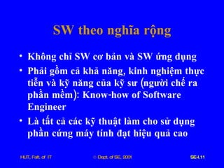 SW   theo   nghĩa   rộng Không   chỉ   SW   cơ   bản   và   SW   ứng   dụng Phải   gồm   cả   khả   năng ,  kinh   nghiệm   thực   tiễn   và   kỹ   năng   của   kỹ   sư  ( người   chế   ra   phần   mềm ):  Know - how   of   Software   Engineer Là   tất   cả   các   kỹ   thuật   làm   cho   sử   dụng   phần   cứng   máy   tính   đạt   hiệu   quả   cao   