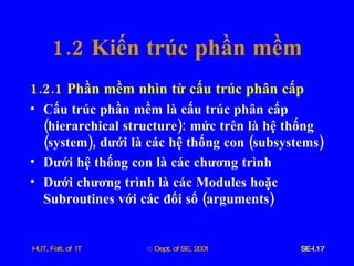 1.2  Kiến   trúc   phần   mềm 1.2.1  Phần   mềm   nhìn   từ   cấu   trúc   phân   cấp Cấu   trúc   phần   mềm   là   cấu   trúc   phân   cấp  ( hierarchical   structure ):  mức   trên   là   hệ   thống  ( system ),  dưới   là   các   hệ   thống   con  ( subsystems ) Dưới   hệ   thống   con   là   các   chương   trình Dưới   chương   trình   là   các   Modules   hoặc   Subroutines   với   các   đối   số  ( arguments ) 