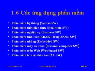 1.6  Các   ứng   dụng   phần   mềm Phần   mềm   hệ   thống  ( System   SW ) Phần   mềm   thời   gian   thực  ( Real - time   SW ) Phần   mềm   nghiệp   vụ  ( Business   SW ) Phần   mềm   tính   toán   KH & KT  ( Eng .& Scie .  SW ) Phần   mềm   nhúng  ( Embedded   SW ) Phần   mềm   máy   cá   nhân  ( Personal   computer   SW ) Phần   mềm   trên   Web  ( Web - based   SW ) Phần   mềm   trí   tuệ   nhân   tạo  ( AI   SW ) 
