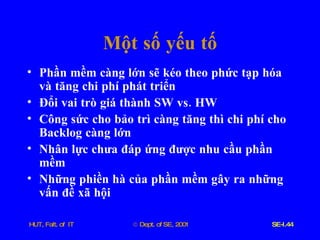 Một   số   yếu   tố Phần   mềm   càng   lớn   sẽ   kéo   theo   phức   tạp   hóa   và   tăng   chi   phí   phát   triển Đổi   vai   trò   giá   thành   SW   vs .  HW   Công   sức   cho   bảo   trì   càng   tăng   thì   chi   phí   cho   Backlog   càng   lớn   Nhân   lực   chưa   đáp   ứng   được   nhu   cầu   phần   mềm Những   phiền   hà   của   phần   mềm   gây   ra   những   vấn   đề   xã   hội 