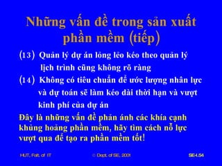 Những   vấn   đề   trong   sản   xuất   phần   mềm  ( tiếp ) (13)  Quản   lý   dự   án   lỏng   lẻo   kéo   theo   quản   lý   lịch   trình   cũng   không   rõ   ràng (14)  Không   có   tiêu   chuẩn   để   ước   lượng   nhân   lực   và   dự   toán   sẽ   làm   kéo   dài   thời   hạn   và   vượt   kinh   phí   của   dự   án   Đây   là   những   vấn   đề   phản   ánh   các   khía   cạnh   khủng   hoảng   phần   mềm ,  hãy   tìm   cách   nỗ   lực   vượt   qua   để   tạo   ra   phần   mềm   tốt ! 
