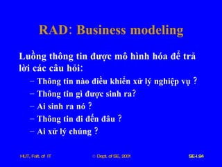 RAD :  Business   modeling Luồng   thông   tin   được   mô   hình   hóa   để   trả   lời   các   câu   hỏi :  Thông   tin   nào   điều   khiển   xử   lý   nghiệp   vụ  ? Thông   tin   gì   được   sinh   ra ? Ai   sinh   ra   nó  ? Thông   tin   đi   đến   đâu  ? Ai   xử   lý   chúng  ? 