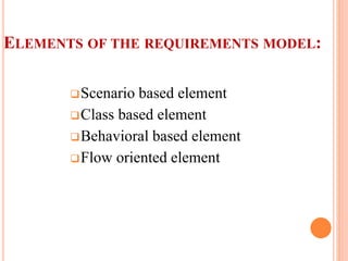 ELEMENTS OF THE REQUIREMENTS MODEL:
Scenario based element
Class based element
Behavioral based element
Flow oriented element
 
