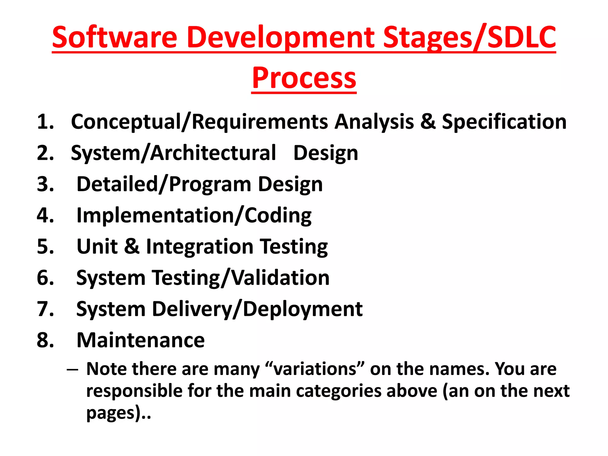 Software Development Stages/SDLC
Process
1. Conceptual/Requirements Analysis & Specification
2. System/Architectural Design
3. Detailed/Program Design
4. Implementation/Coding
5. Unit & Integration Testing
6. System Testing/Validation
7. System Delivery/Deployment
8. Maintenance
– Note there are many “variations” on the names. You are
responsible for the main categories above (an on the next
pages)..
 