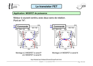 Page 104/160 
Le transistor FET 
Application: MOSFET de puissance 
Moteur à courant continu avec deux sens de rotation. 
Pont en H: 
Commande Commande 
Montage à 2 MOSFET à canal P 
et 2 MOSFET à canal N 
Montage à 4 MOSFET à canal N 
http://fribotte.free.fr/bdtech/Drivers/DrivesPontH.html 
Chapitre 3 - Le transistor FET 
 