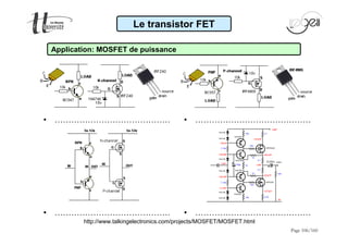 • …………………………………… • …………………………………… 
• …………………………………… • …………………………………… 
Page 106/160 
Le transistor FET 
Application: MOSFET de puissance 
http://www.talkingelectronics.com/projects/MOSFET/MOSFET.html 
 