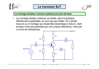 Page 71/160 
Le transistor BJT 
Le montage émetteur commun polarisé par pont de base 
• Le montage étudié ci-dessus se révèle, dans la pratique, 
difficilement exploitable, en tout cas peu fiable. On a plutôt 
recours à un montage qui ressemble davantage à celui-ci, dont 
la base n'est pas polarisée par une unique résistance, mais par 
un pont de résistances: 
Chapitre 2 - Le transistor BJT 
 