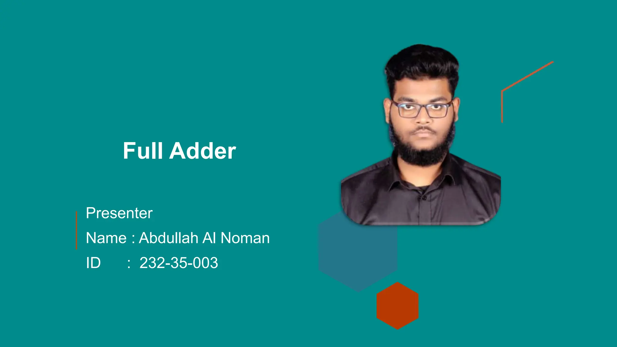 Full Adder
Presenter
Name : Abdullah Al Noman
ID : 232-35-003
 