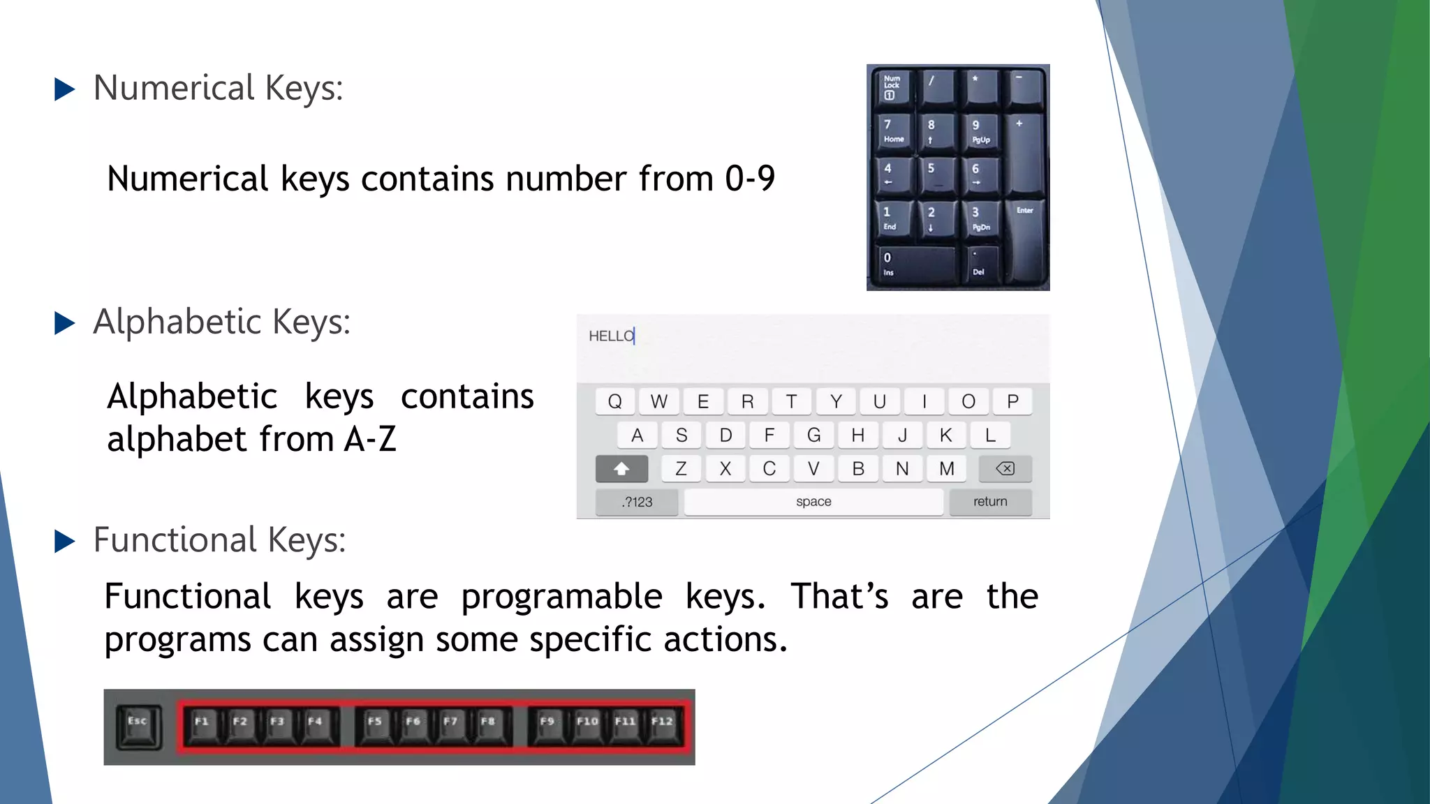  Numerical Keys:
 Alphabetic Keys:
 Functional Keys:
Numerical keys contains number from 0-9
Alphabetic keys contains
alphabet from A-Z
Functional keys are programable keys. That’s are the
programs can assign some specific actions.
 